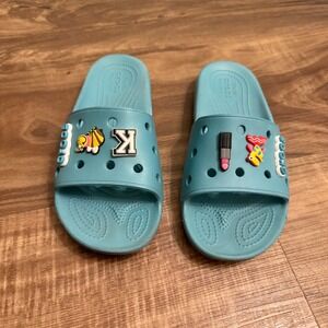 Crocs Classic Slide Sandals Women's Sz 7 Aqua Blue with‎ Jibbitz Charms